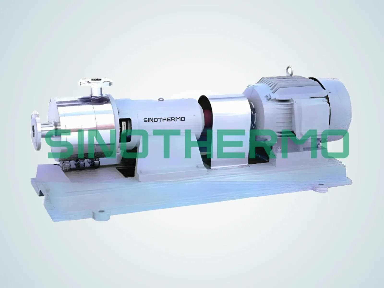 SINOTHERMO stainless steel rotor-stator starch mill for fine wet milling of grain and starch slurry, shown with its drive motor on a common baseplate.
