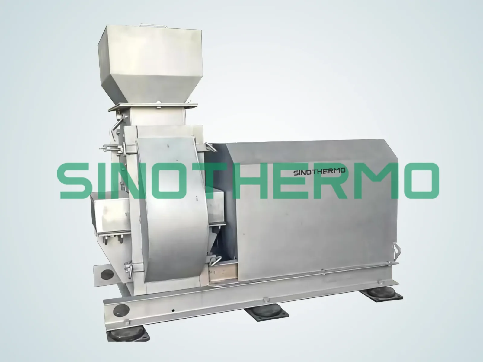 SINOTHERMO stainless steel hammer mill for primary wet milling — hopper-fed rotor and screen basket ahead of the motor housing.
