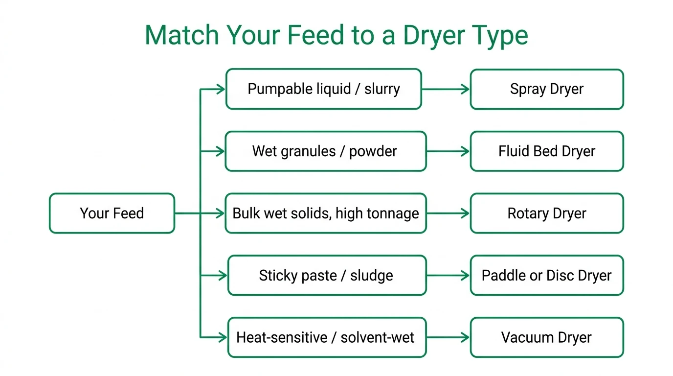Decision flowchart matching feed characteristics to industrial dryer type