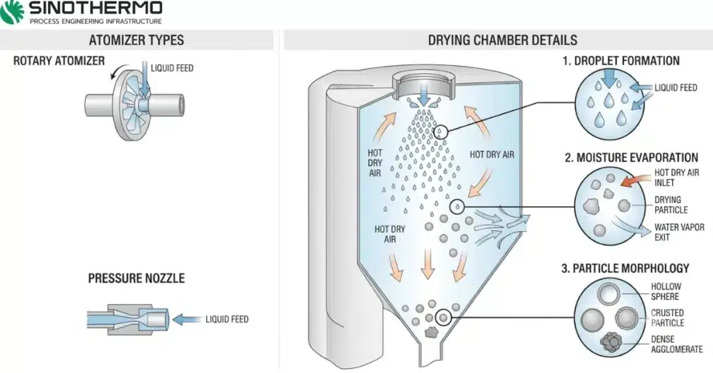 Diagram of atomization, air contact, evaporation, and powder separation in spray dryingHow Does Spray Drying Work