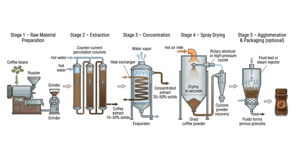 Spray dried coffee process diagram from coffee beans to soluble instant powder