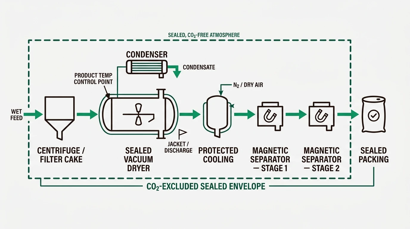 Process flow diagram for sealed battery-grade lithium hydroxide drying with vacuum dryer, protected cooling, magnetic separation and sealed packing