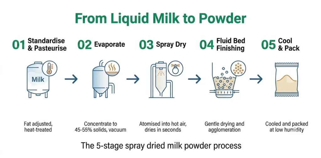 Spray dried milk powder process flow from liquid milk to finished powder