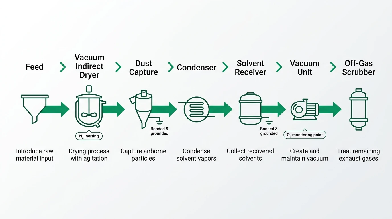 Process flow diagram of black mass vacuum drying with dust capture, solvent condensing, vacuum unit and off-gas scrubbing