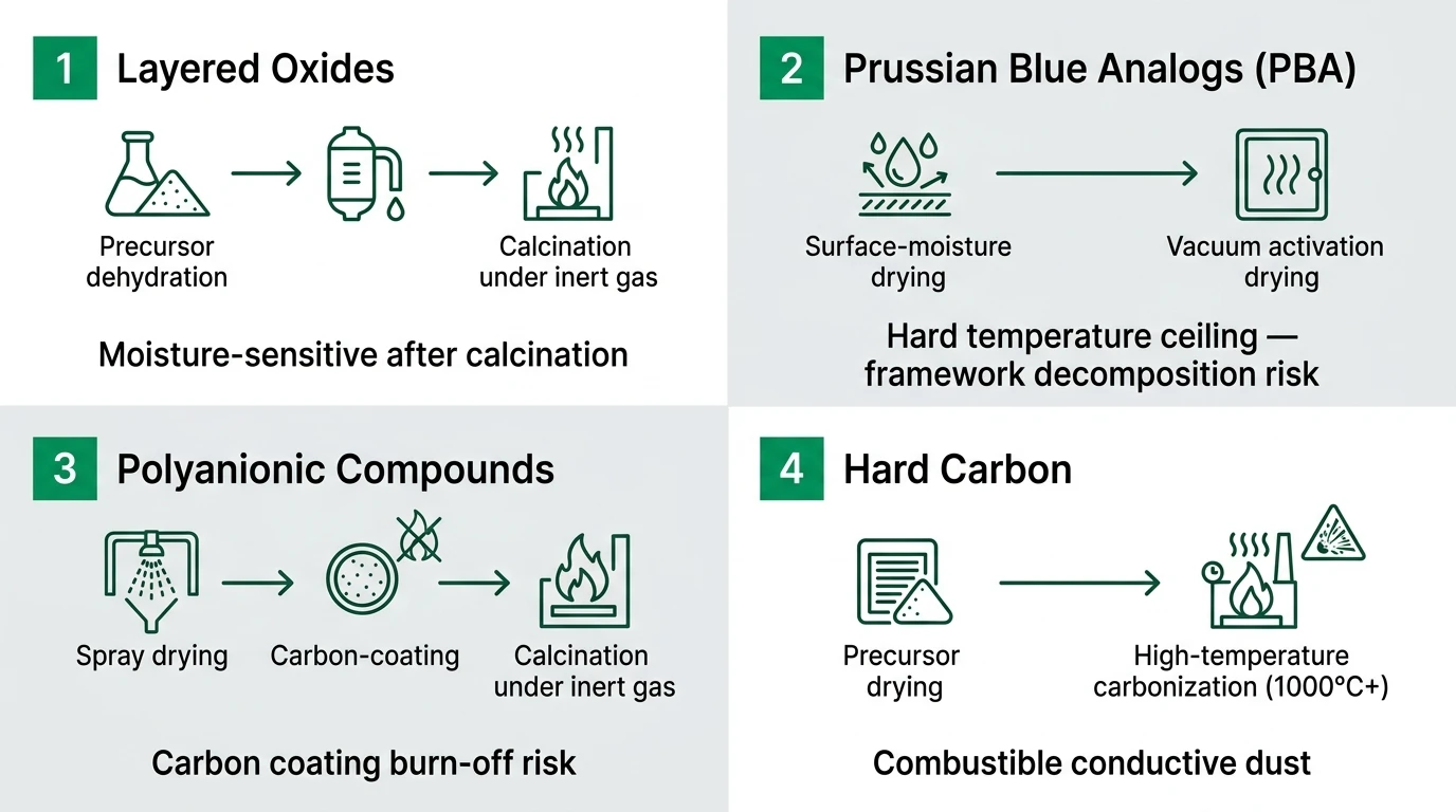 Process route map for four sodium-ion battery material families and their drying constraints
