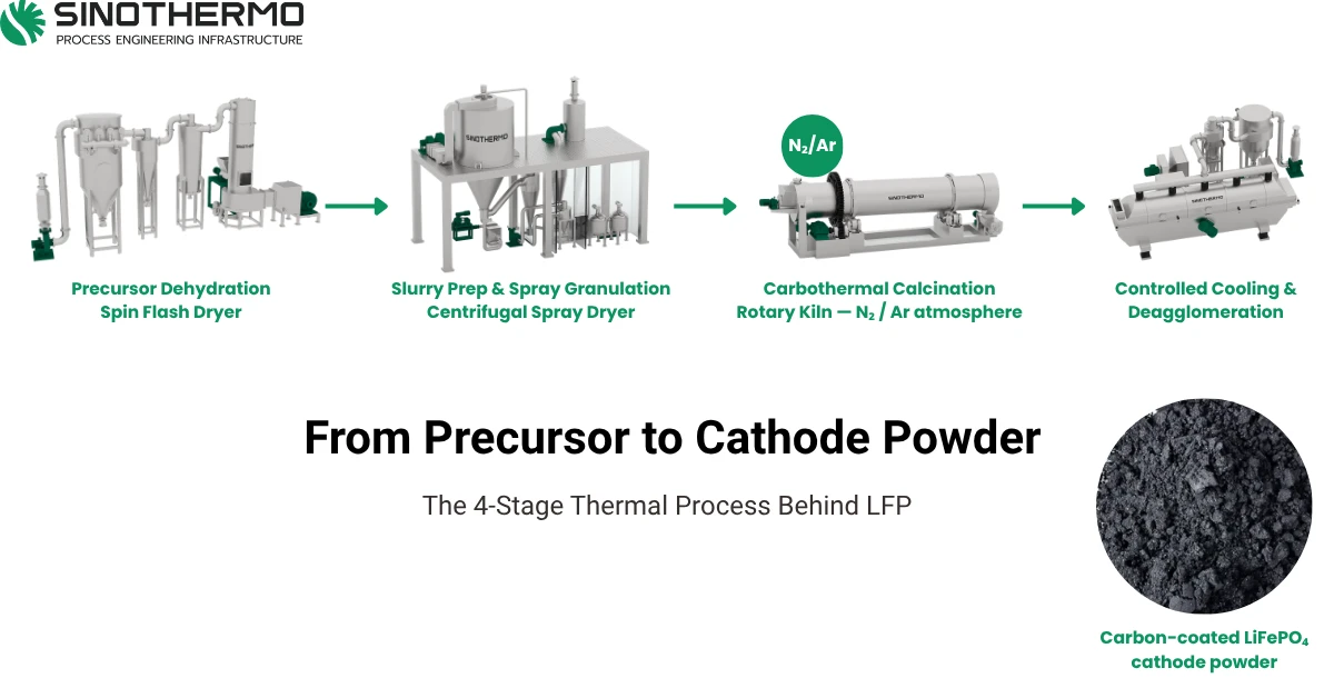 Five-stage LFP process chain diagram from iron phosphate precipitation through dehydration, spray granulation, inert-atmosphere calcination to cooling and packing