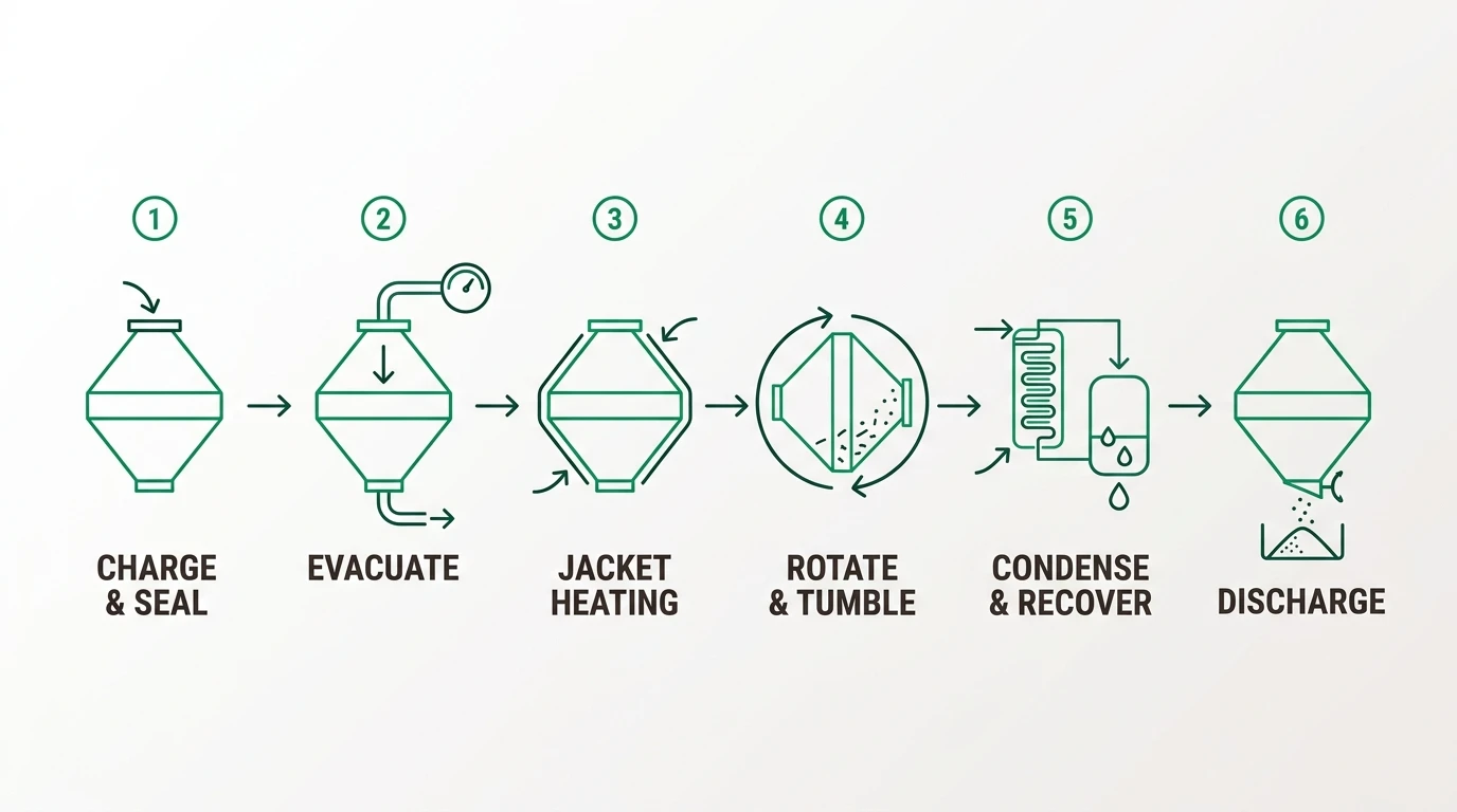 Six-step operating cycle of a rotary cone vacuum dryer: charge and seal, evacuate, jacket heating, rotation and tumbling, vapour condensation and recovery, discharge