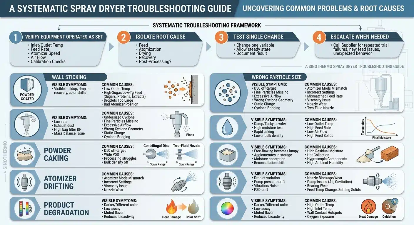 Spray Dryer Troubleshooting Guide: Wall Sticking, Low Recovery, Wet Powder and More