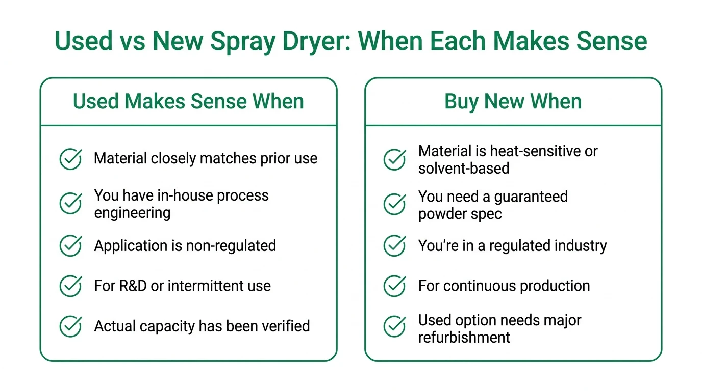 Decision comparison chart for when buying used versus new spray drying equipment makes sense