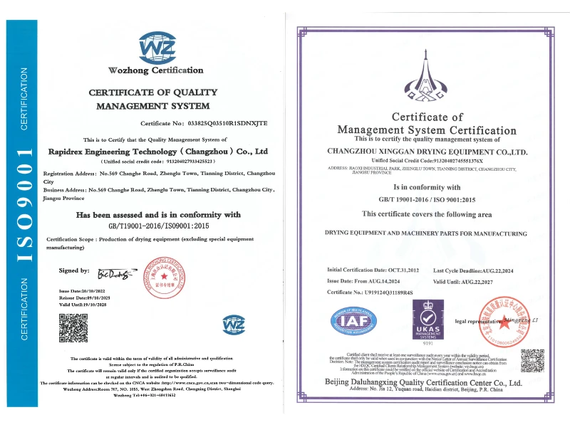 ISO 9001:2015 quality management system certificates held by Changzhou Xinggan Drying Equipment and Rapidrex Engineering Technology, the two manufacturers behind SINOTHERMO